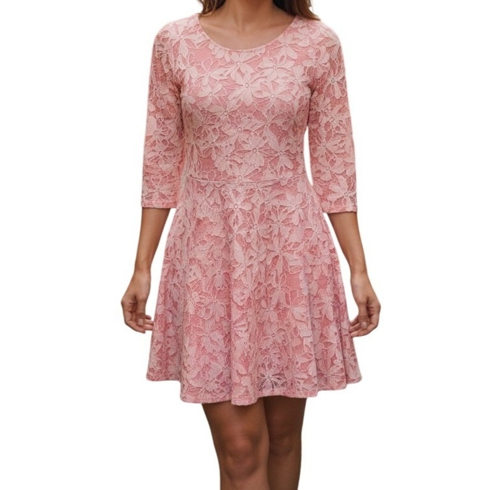 ANTHROPOLOGIE BIRDCAGE Baby Pink Floral Lace 3/4 Sleeve Skater Mini Dress EUC S